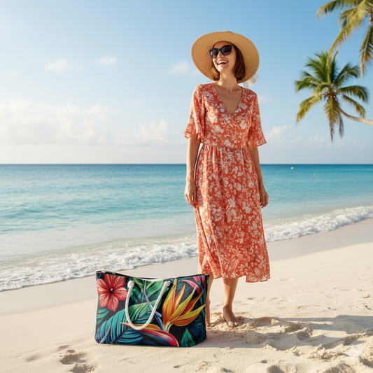 Tropical Hibiscus Floral Weekender Bag | Bird of Paradise Leaves, Large Tote Bag - AURABAGS SHOP