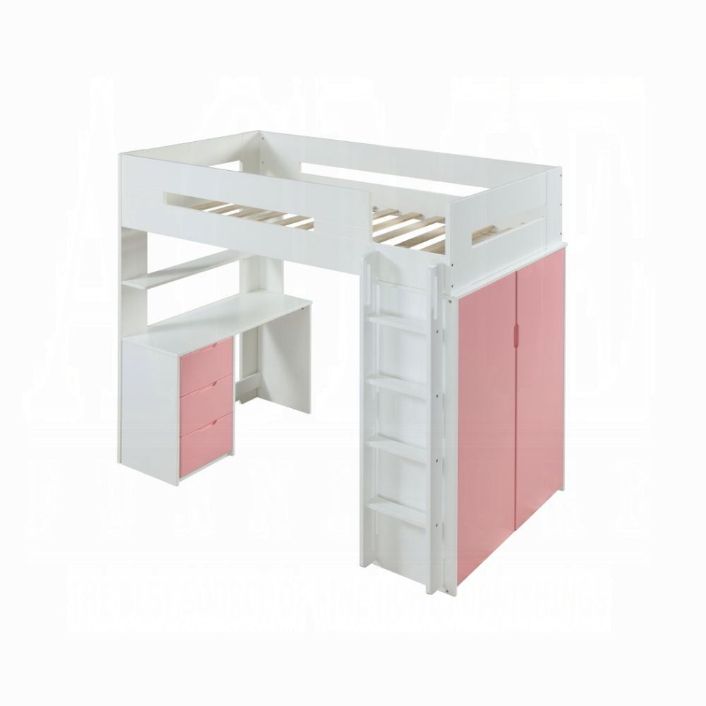 Lilo Etagen-/Hochbett mit Arbeitsplatz & Kleiderschrank - Weiß/Pink