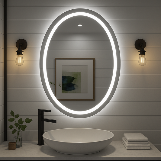 Ondelle Oval LED Bathroom Mirror — Front-Lit Ring + Backlit Halo, Anti-Fog | 24″×32″, 30″×36″