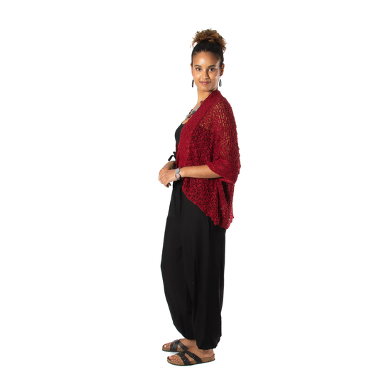 Popcorn Knit Short Sleeve Cardigan - Claret Red