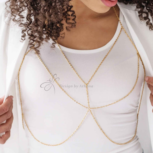Gold Body Chain, Metal Bralette, Layered Harness, Body Jewelry, Layered Chain