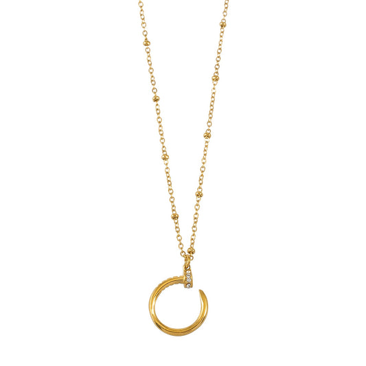 CSENGE Gold Necklace: Zirconia Embedded Circular Nail Pendant on a Satellite Beaded Chain