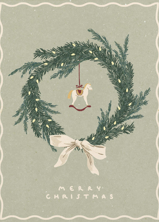 Wall art Horses Toy on Christmas wreath with bow Canvas Print