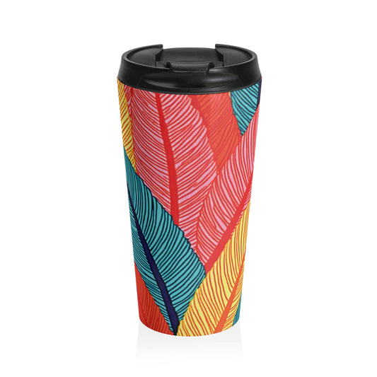 Tropical Feather Stainless Steel Travel Mug — Colorful Leaf Pattern, Insulated Coffee Tumbler - AURABAGS SHOP