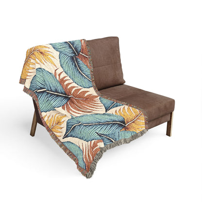Tropisches Blatt gewebte Decke – Boho-Kuscheldecke für Wohnzimmer & Terrasse