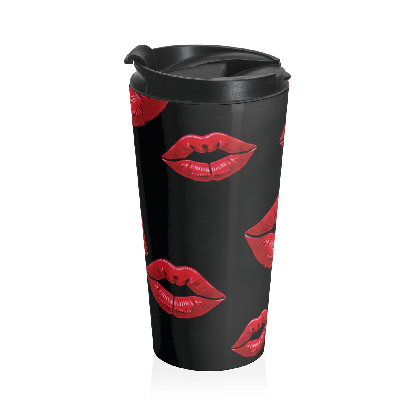 Red Lipstick Kiss Pattern Travel Mug | Black Stainless Steel - AURABAGS SHOP