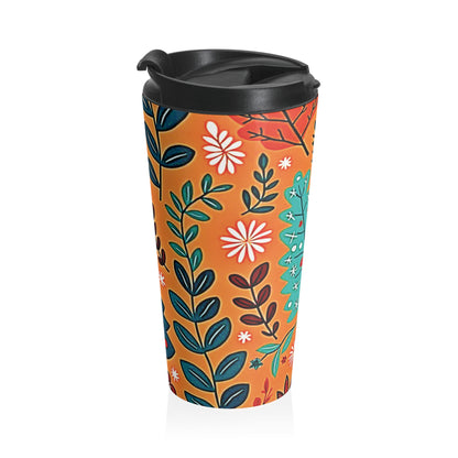 Autumn Floral Leaves Travel Mug | Orange Botanical Stainless Steel - AURABAGS SHOP