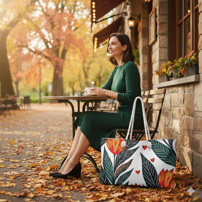 Red Tulip Floral Weekender Bag | Botanical Leaves & Heart Accents | Large Tote Bag for Moms & Travel - AURABAGS SHOP