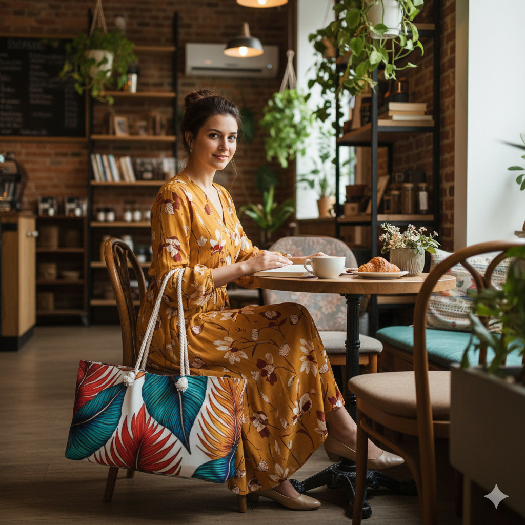 Tropical Leaf Pattern Weekender Bag | Blue Teal Orange Palm, Large Tote Bag - AURABAGS SHOP
