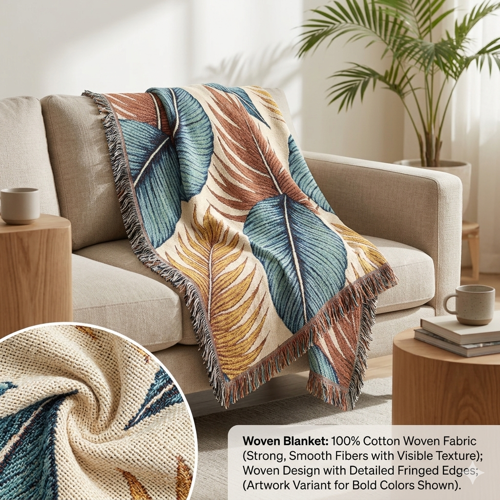 Tropisches Blatt gewebte Decke – Boho-Kuscheldecke für Wohnzimmer & Terrasse