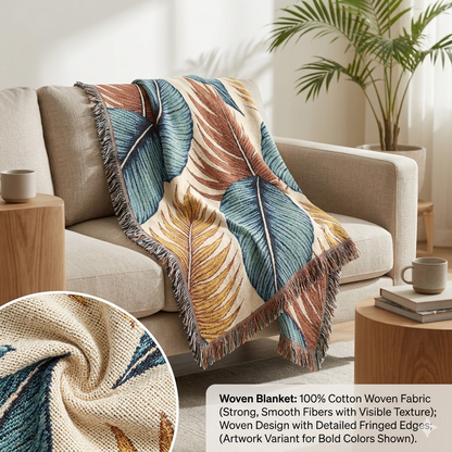 Tropisches Blatt gewebte Decke – Boho-Kuscheldecke für Wohnzimmer & Terrasse