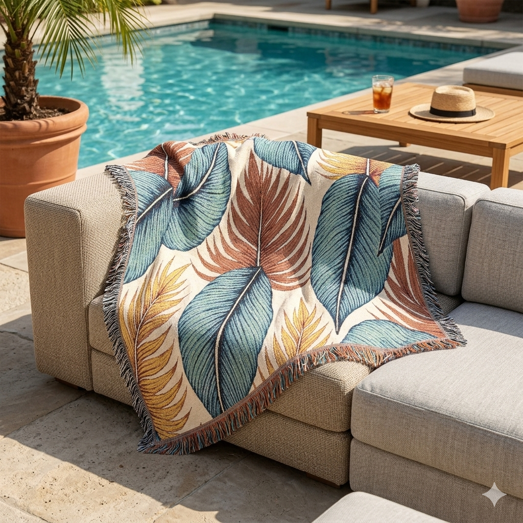Tropisches Blatt gewebte Decke – Boho-Kuscheldecke für Wohnzimmer & Terrasse