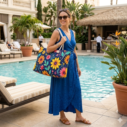 Florale Weekender-Tasche — Lebendige marineblaue Blumentasche für Reisen