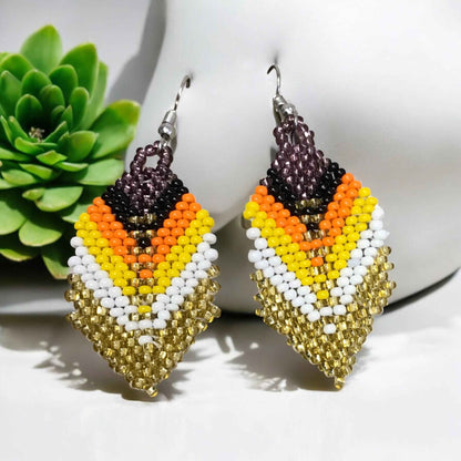 OldTribes™ Gold and blackberry Beaded Feather Drop Earrings
