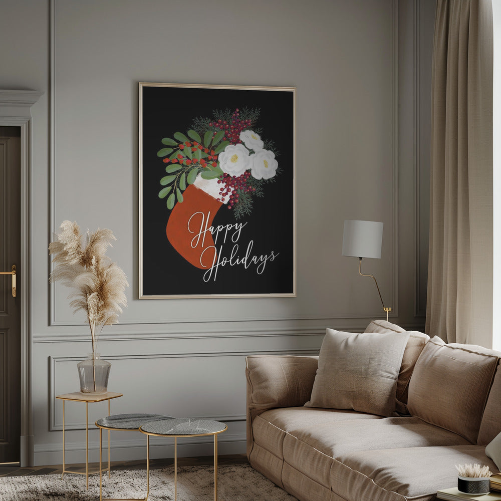 Wandbild Blumen Strumpf Frohe Feiertage in Schwarz Leinwandbild