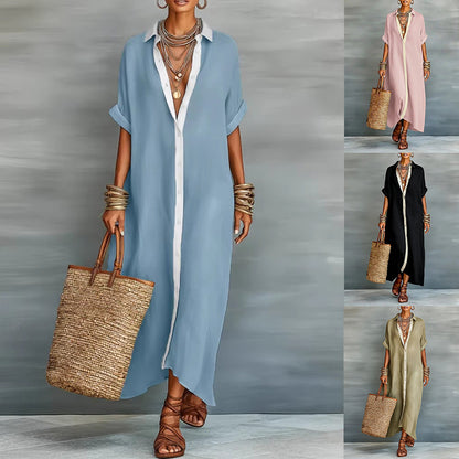 Women's Summer Maxi Shirt Dress – Lapel Collar Button-Up Casual Dress