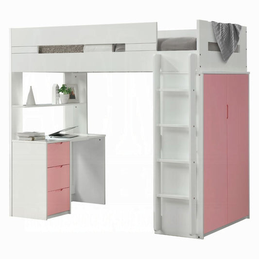 Lilo Etagen-/Hochbett mit Arbeitsplatz & Kleiderschrank - Weiß/Pink