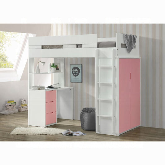 Lilo Etagen-/Hochbett mit Arbeitsplatz & Kleiderschrank - Weiß/Pink
