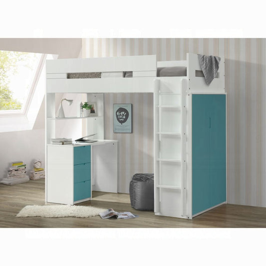 Lilo Etagen-/Hochbett mit Arbeitsplatz & Kleiderschrank – Weiß/Türkis