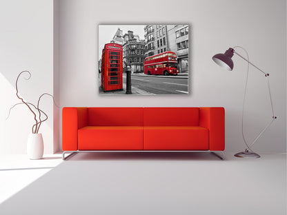 Leinwandbild - Kultiger roter Doppeldeckerbus & Telefonzelle - Wandkunst