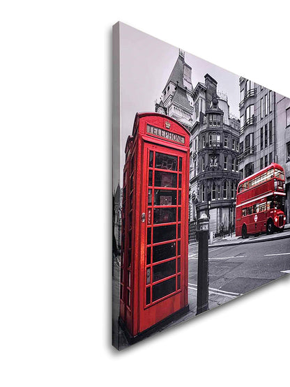 Leinwandbild - Kultiger roter Doppeldeckerbus & Telefonzelle - Wandkunst