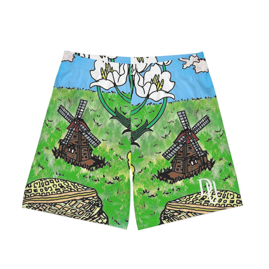 Relaxed fit polyester Beach Shorts-windmill allover print
