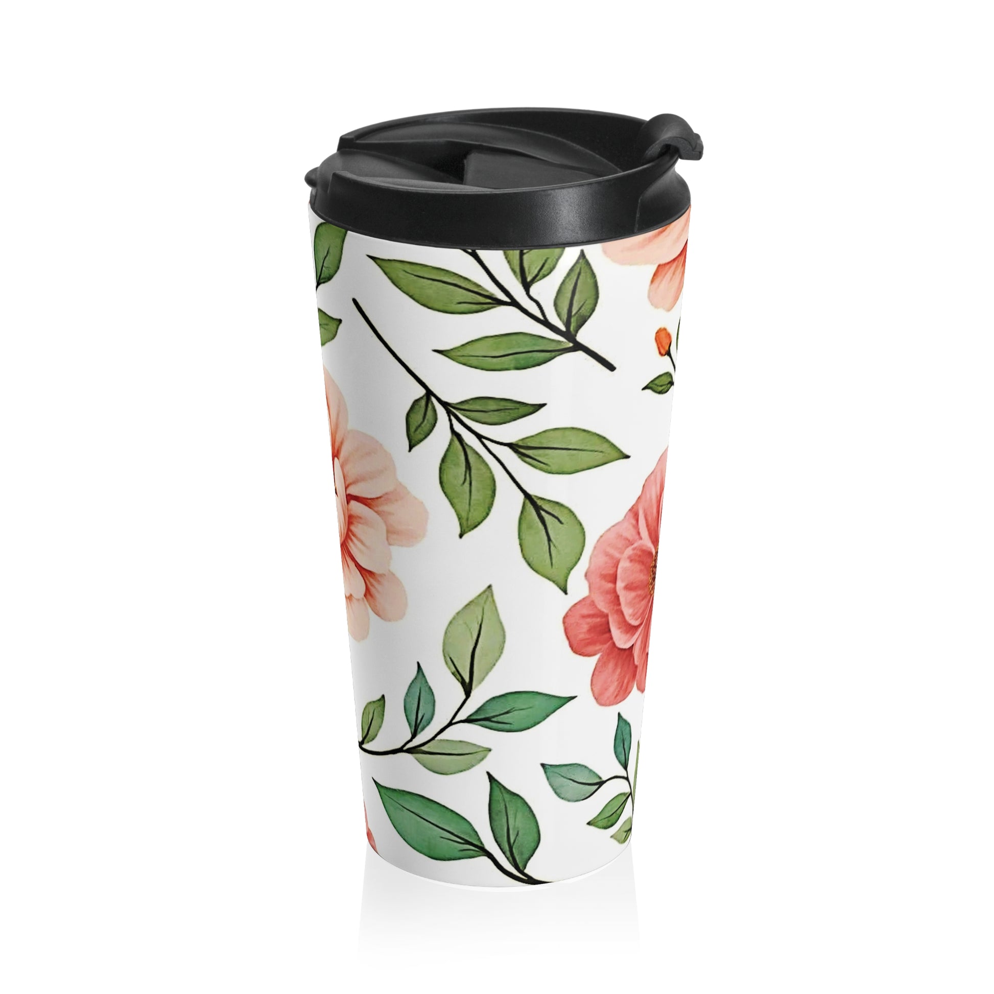 Peach Floral Pattern Stainless Steel Travel Mug | Botanical Leaves - AURABAGS SHOP