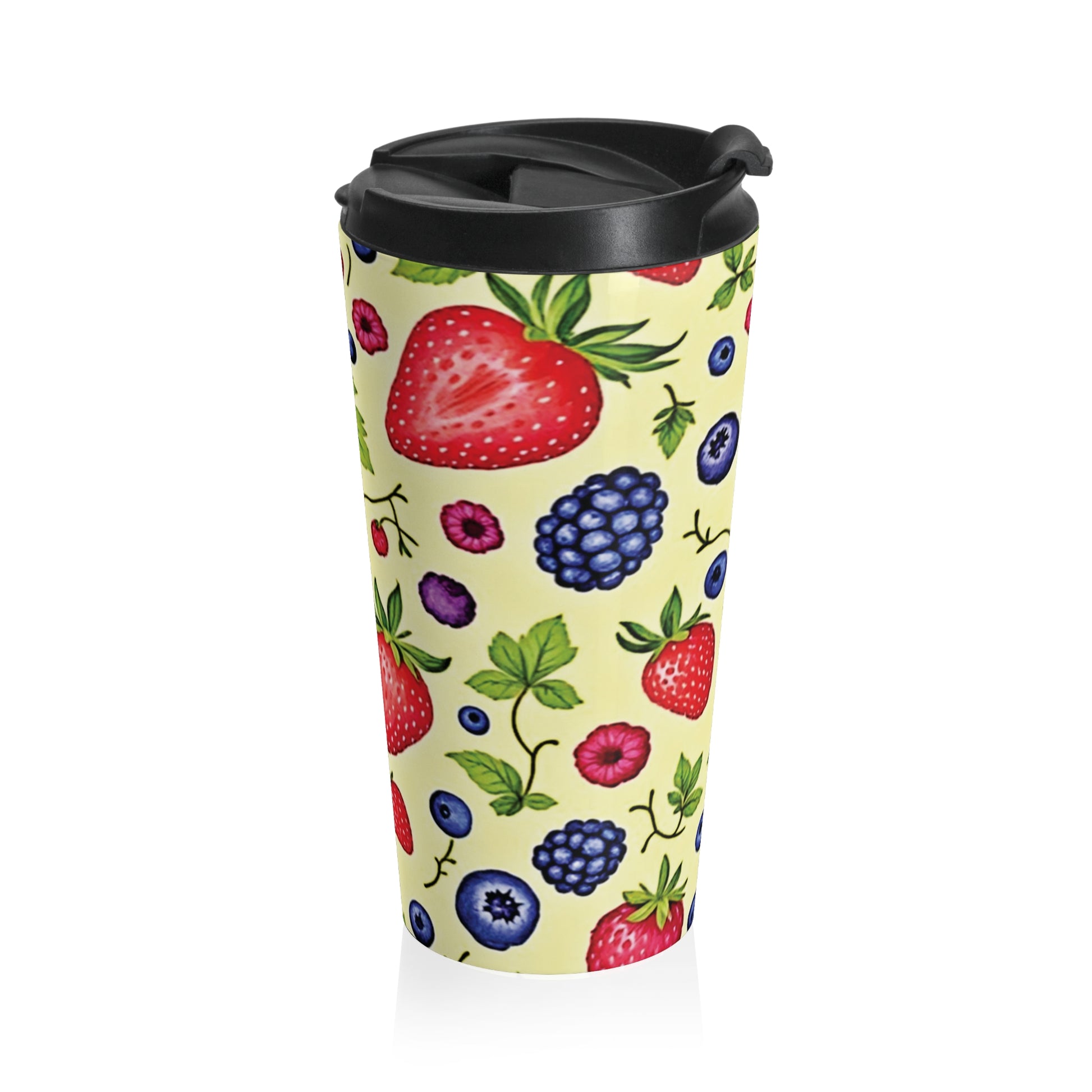 Strawberry & Berry Pattern Stainless Steel Travel Mug — Insulated Fruit Print Tumbler - AURABAGS SHOP