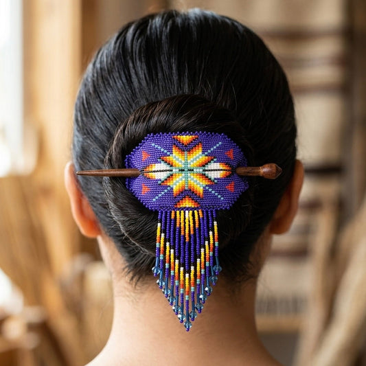 Feathers Fringed Beaded Barrette & Wooden Stick