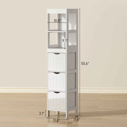 Narrow Bathroom Storage Cabinet, Bathroom Cabinet with 3 Drawers & 2 Open Shelves, Slim Bathroom Floor Cabinet, White