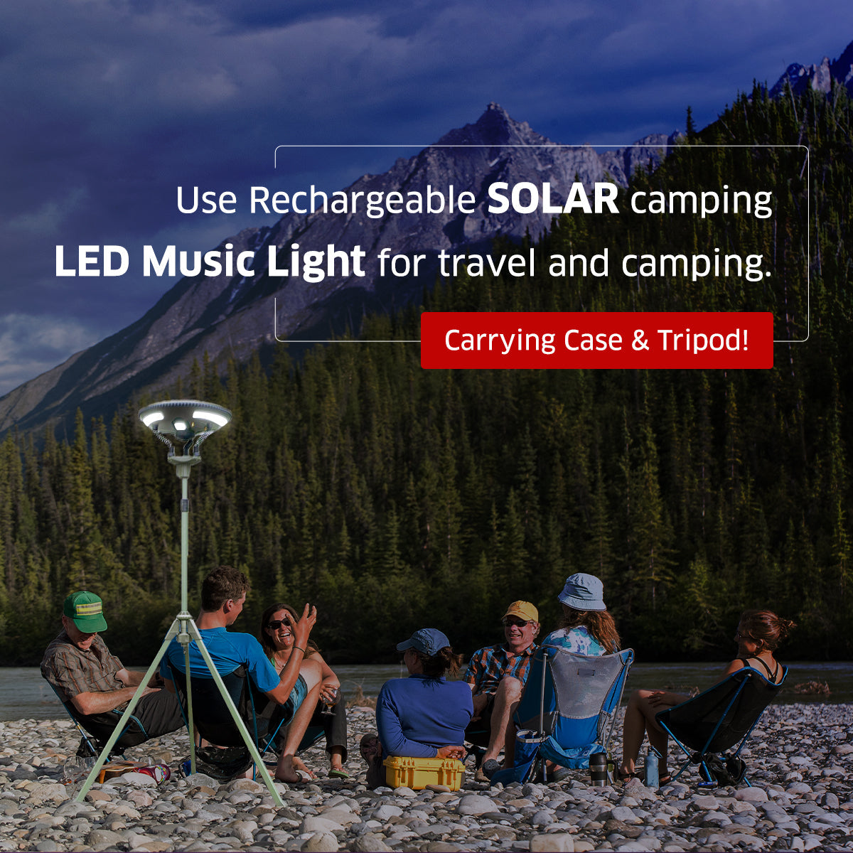 TRU De-LIGHT Singende Musik Solar LED-Leuchte - Leistungsstarker BT-Lautsprecher/Hauptleuchte + 3 abnehmbare Multi-Modus-Leuchten/Stativ + Tragetasche