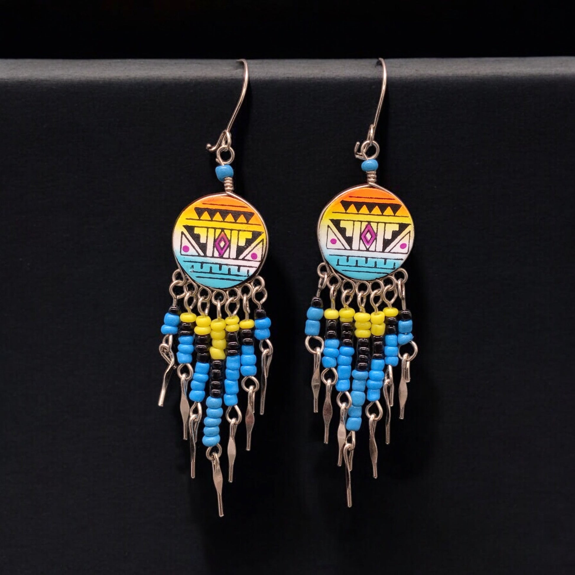 Yellow and Turquoise Southwestern Round Shaped Dangle Earrings