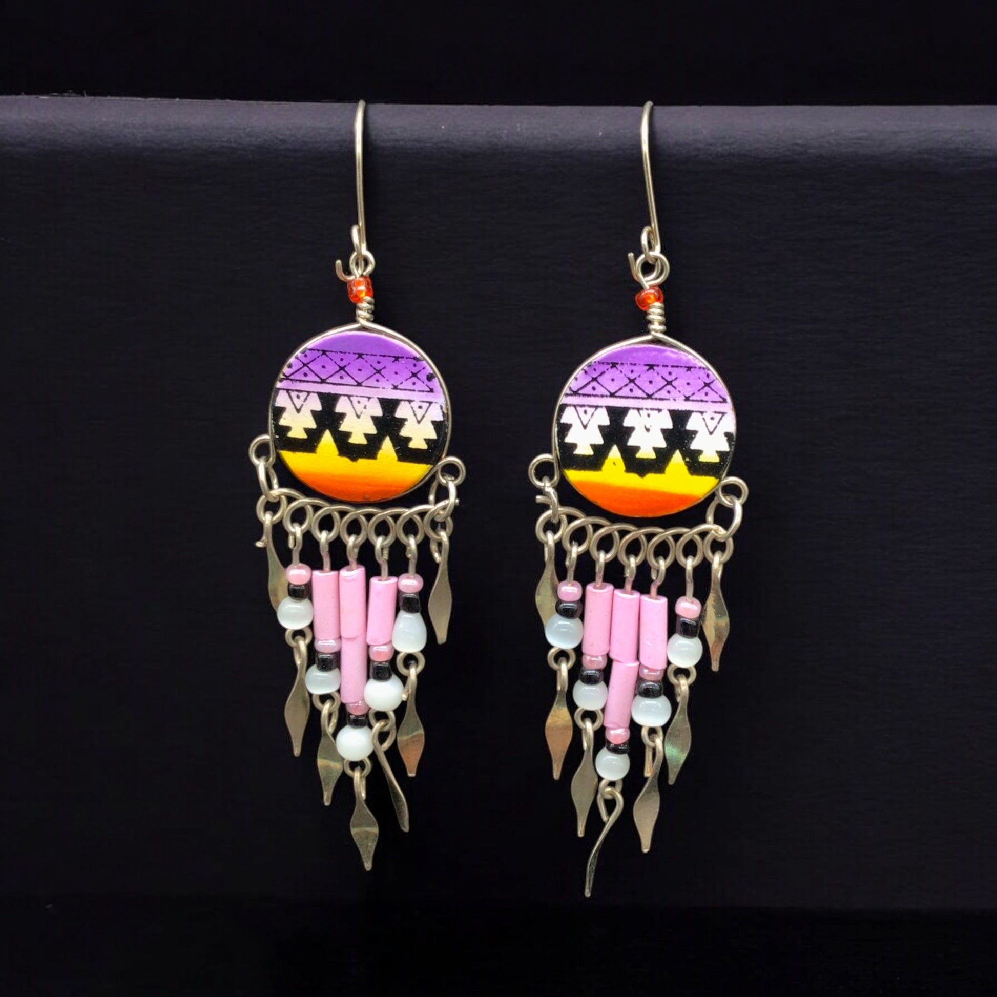 Purple and Yellow Southwestern Round Shaped Dangle Earrings