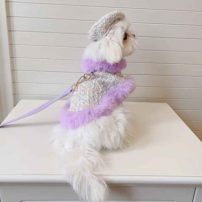 Lilac Harness and Leash Set | Plaid Dog Harness Hat Set