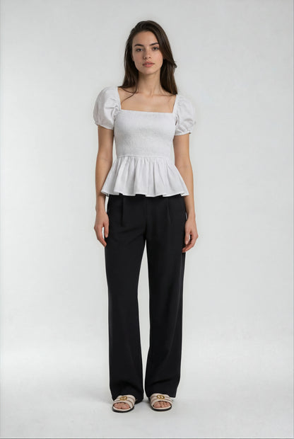 Sera – Cotton Poplin Puff Sleeve Peplum Blouse Top In White