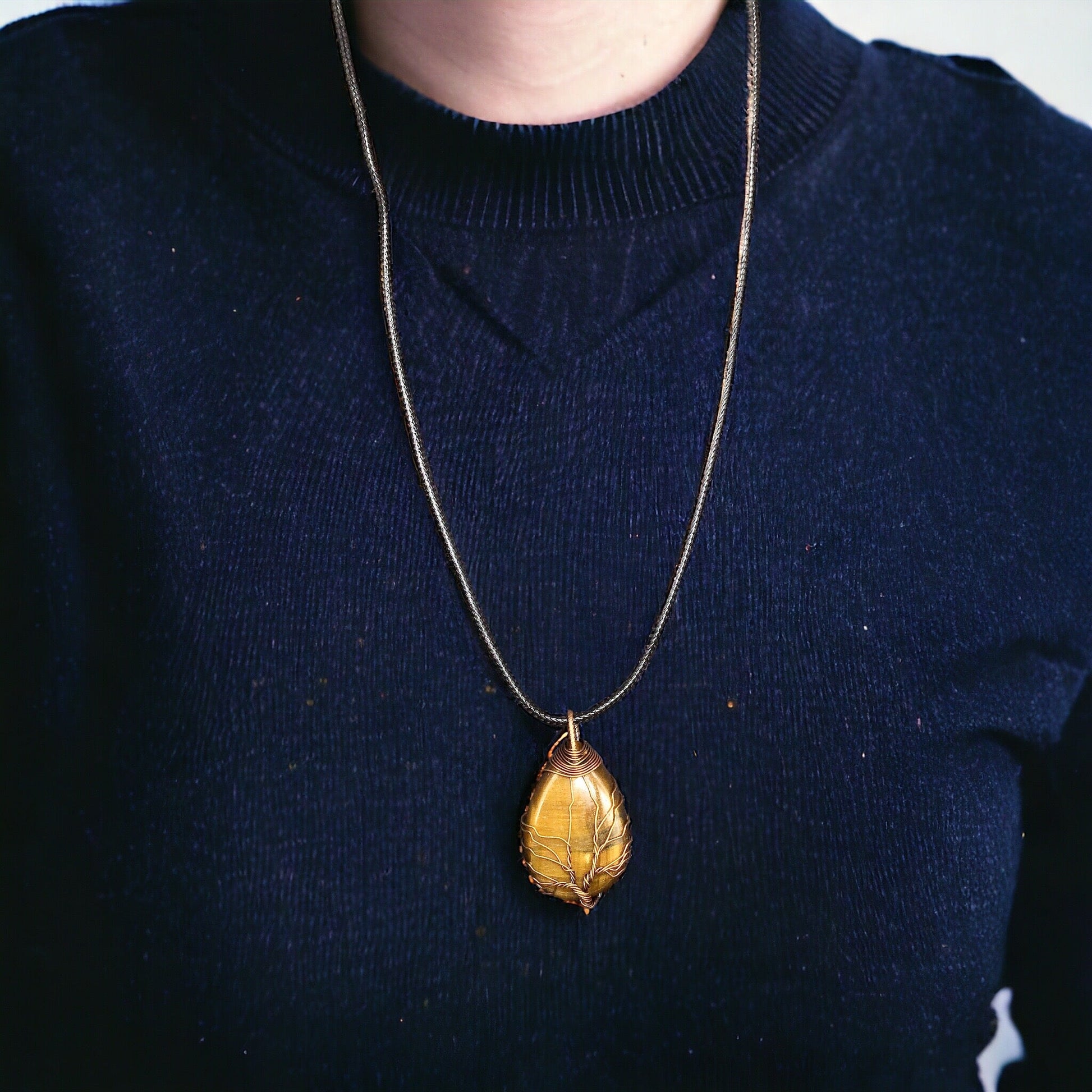 Yellow golden tiger eyes Gemstone Pendant Wrapped w/  bronze  Tree of Life