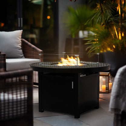 Runder Outdoor-Feuertisch aus schwarzem Aluminium mit Windschutz und Abdeckung