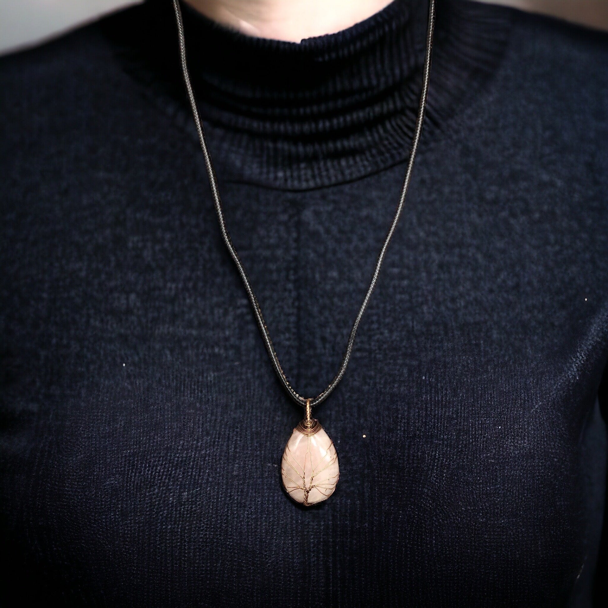 Light pink Gemstone Pendant Wrapped w/ Bronze Tree of Life