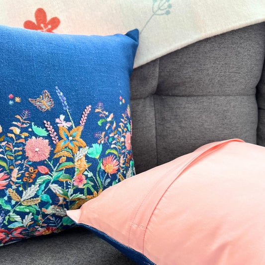 16x16" Blue Floral Embroidered Pillow Cover – Multi-Color Border, Paper Silk Back