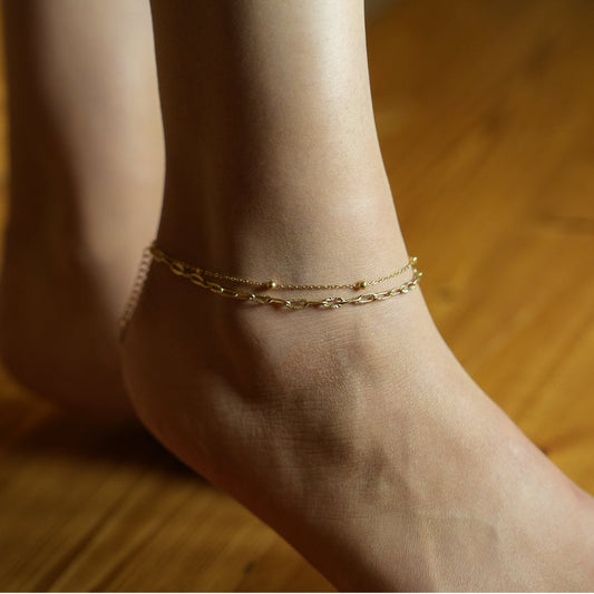 CASTILIA LG Gold Anklet:  Double Stacked Paper Clip Chain &  Beaded Chain - Dazzle in Duality