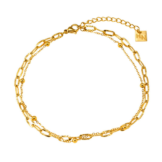 CASTILIA LG Gold Anklet:  Double Stacked Paper Clip Chain &  Beaded Chain - Dazzle in Duality
