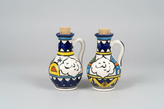 Ceramic Oil Decanter – "زيت" (Oil) in Arabic | With Cork Lid | Village Pattern