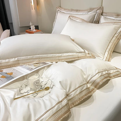 Bettwäsche-Set „Royal Retreat“ mit goldener Stickerei, 1000 TC – Weiß