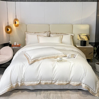 Bettwäsche-Set „Royal Retreat“ mit goldener Stickerei, 1000 TC – Weiß