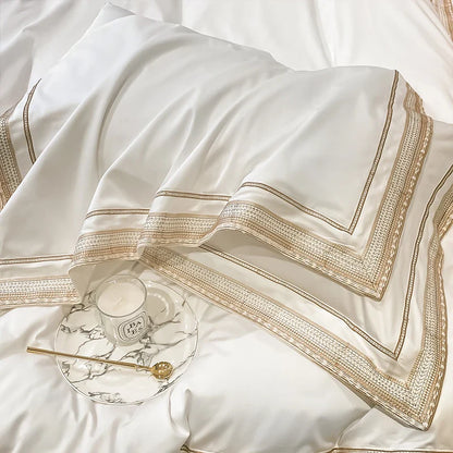 Bettwäsche-Set „Royal Retreat“ mit goldener Stickerei, 1000 TC – Weiß