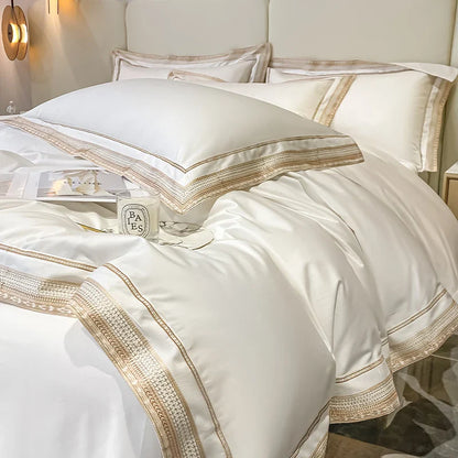 Bettwäsche-Set „Royal Retreat“ mit goldener Stickerei, 1000 TC – Weiß
