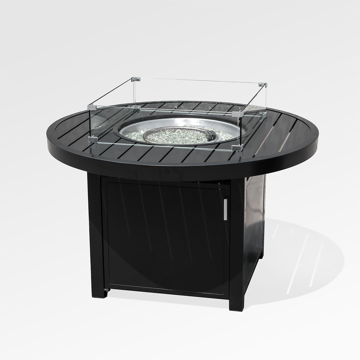 Runder Outdoor-Feuertisch aus schwarzem Aluminium mit Windschutz und Abdeckung