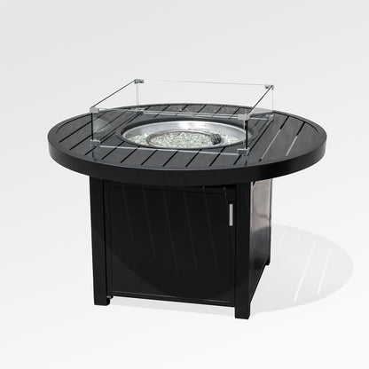 Runder Outdoor-Feuertisch aus schwarzem Aluminium mit Windschutz und Abdeckung