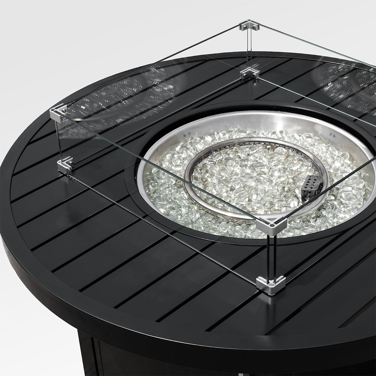 Runder Outdoor-Feuertisch aus schwarzem Aluminium mit Windschutz und Abdeckung