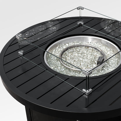 Runder Outdoor-Feuertisch aus schwarzem Aluminium mit Windschutz und Abdeckung